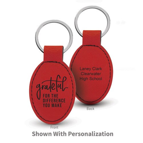 red oval leather keychain with grateful message and personalization