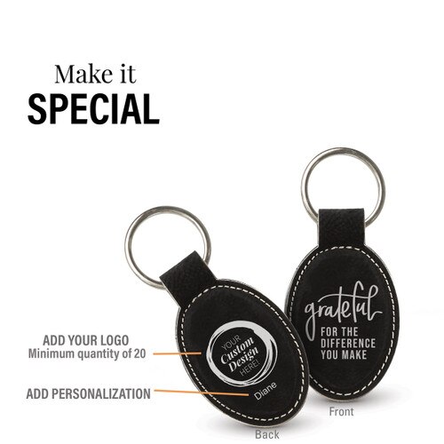 black oval leather keychain with grateful message and add your logo