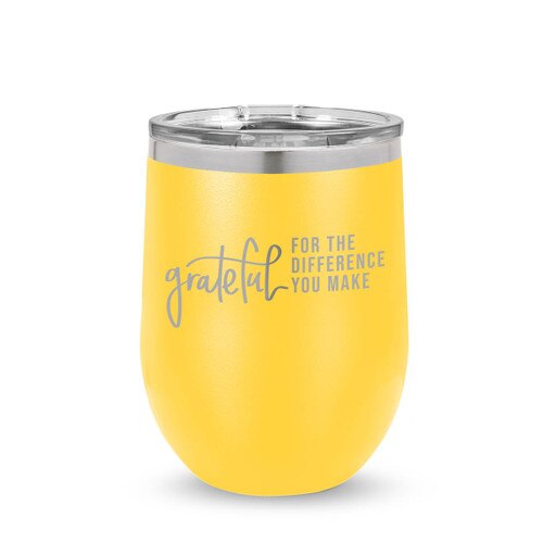 yellow 12 oz. stainless steel tumbler with grateful for the difference you make message