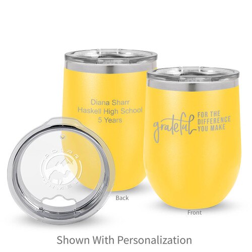 yellow 12 oz. stainless steel tumbler with grateful for the difference you make message and personalization