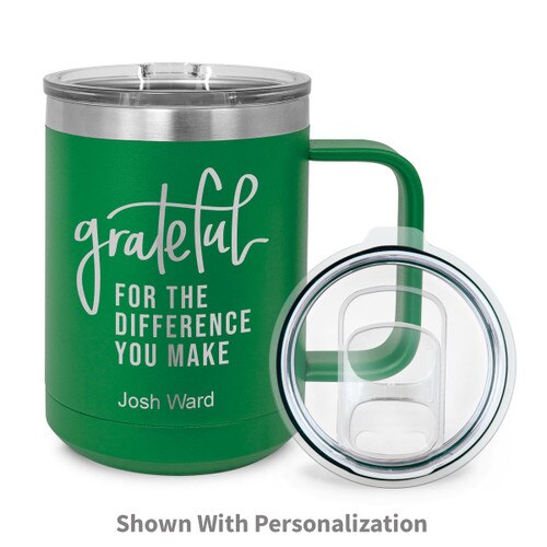 green stainless steel mug with making a difference #teacherlife message and personalization