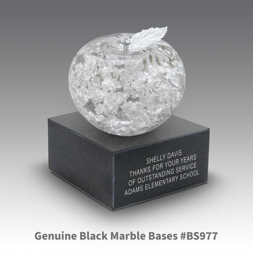 black marble base with handblown fine silver apple