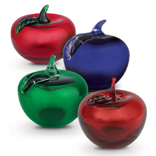 blue, red, and green handblown glass apples