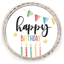 Kudo Coin With “Happy Birthday” On The Front. Made Of Silver Metal Featuring Rope Design Around The Outside.