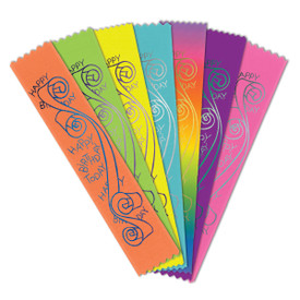 colorful satin ribbons with foil-stamped happy birthday message and streamer design