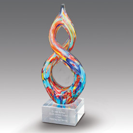Multi-color helix shaped art glass award with clear glass base.