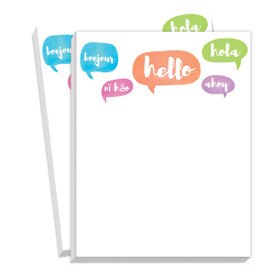 Two notepads featuring hello speech bubbles in various languages. 75 sheets each