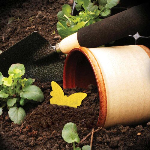 flower pot with dirt and shovel
