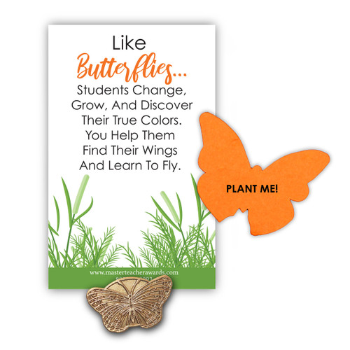 This Gold Butterfly Lapel Pin And Seed Paper Shape That Grows Wildflowers Features The Inspirational Message “Like Butterflies Students Change…”