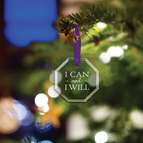 octagon crystal ornament with i can and i will message and navy blue ribbon