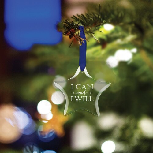 star shaped crystal ornament with i can and i will message and navy ribbon