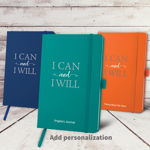blue, teal, and orange hardbound journals with I Can And I Will message and personalization
