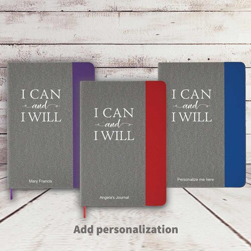 heather gray hardbound journals with purple, red and blue accents with I Can And I Will message and personalization