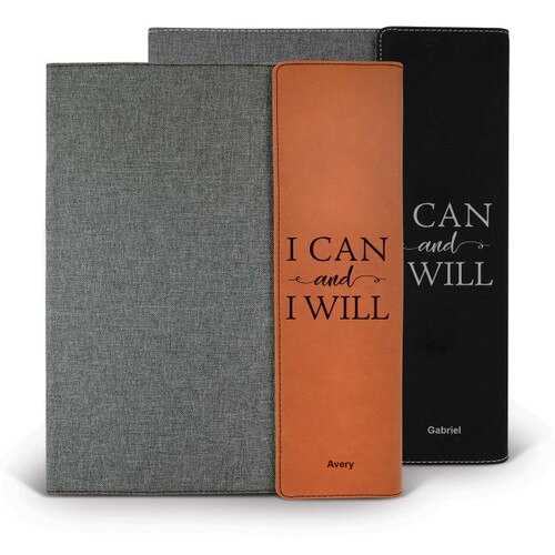 heather gray padfolios with black and rawhide accents featuring I Can And I Will message