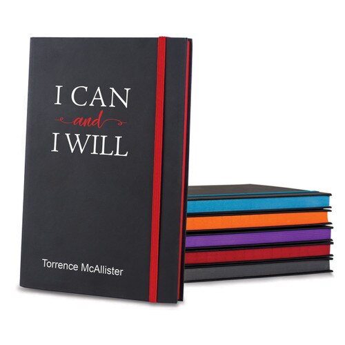 black matte journals in multiple accent colors with I Can And I Will message and personalization