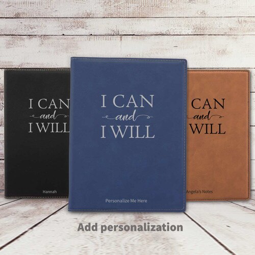 black, blue, and rawhide leather padfolios featuring I Can And I Will message