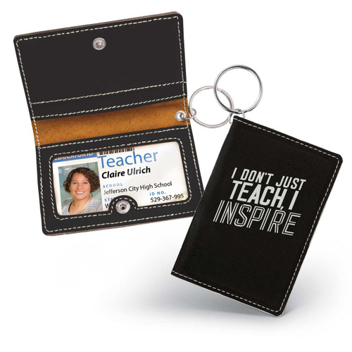 black leather id holder with i don't just teach i inspire message