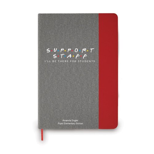 heather gray journal with red accents and support staff message and personalization