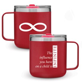 red 12 oz. stainless steel mug with infinity message