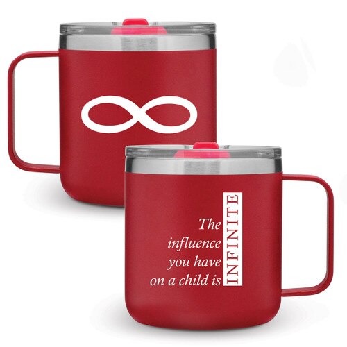 red 12 oz. stainless steel mug with infinity message