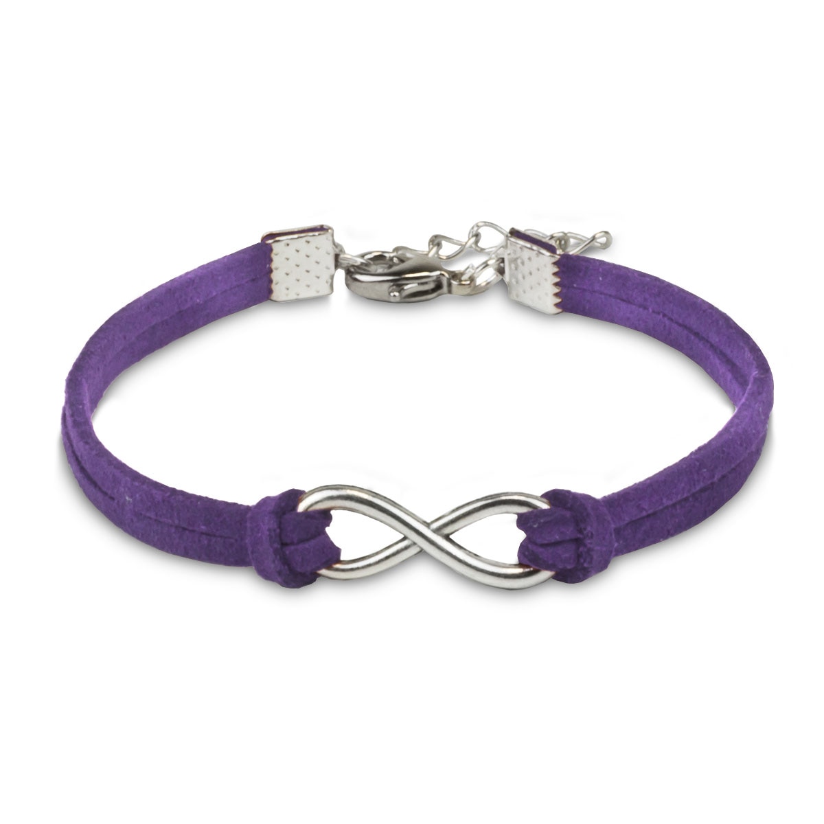 silver infinity charm with purple artificial leather bracelet