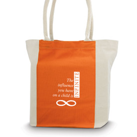 canvas tote bag with orange accent strip and rope handles with infinity message
