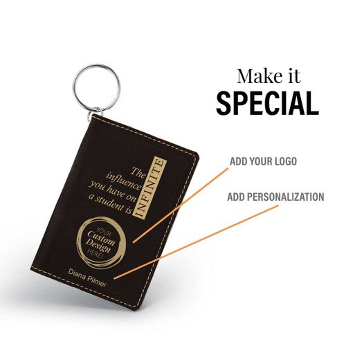black leather id holder with infinity message and add you logo