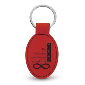 red oval leather keychain with infinity message