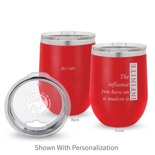 red 12 oz. stainless steel tumbler with infinity message and personalization
