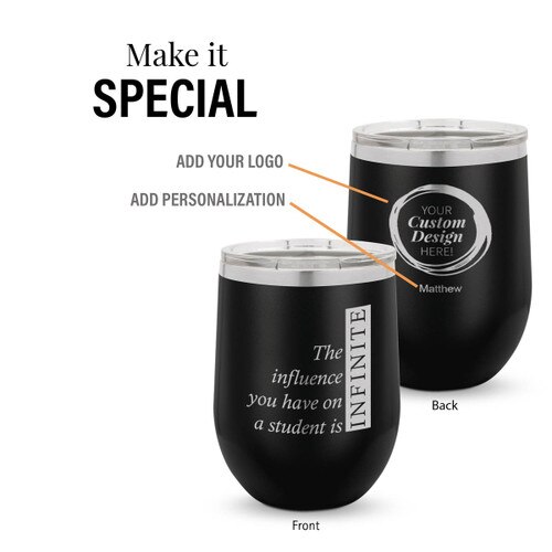 black 12 oz. stainless steel tumbler with infinity message and add your logo