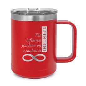 red stainless steel mug with infinity message