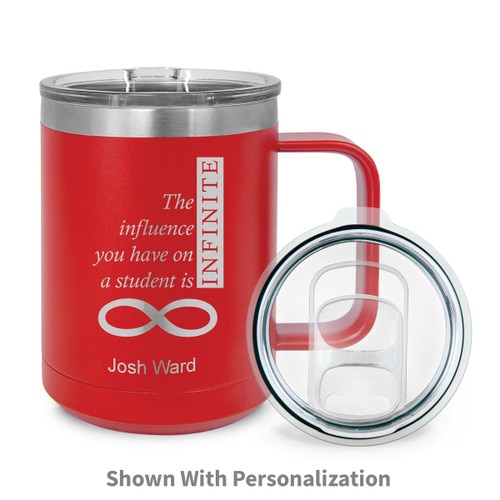 red stainless steel mug with infinity message and personalization