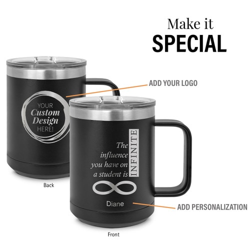 black stainless steel mug with infinity message and add your logo