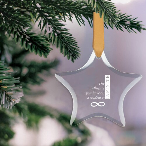 star shaped crystal ornament with infinity message and gold satin ribbon