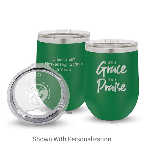 green 12 oz. stainless steel tumblers with inhale grace exhale praise message and personalization