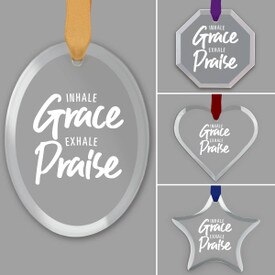 different shapes of crystal ornament with inhale grace exhale praise message and satin ribbon