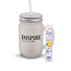 12 oz. Frosted Mason Jar with metal lid and white straw. Features the inspirational Inspire message.