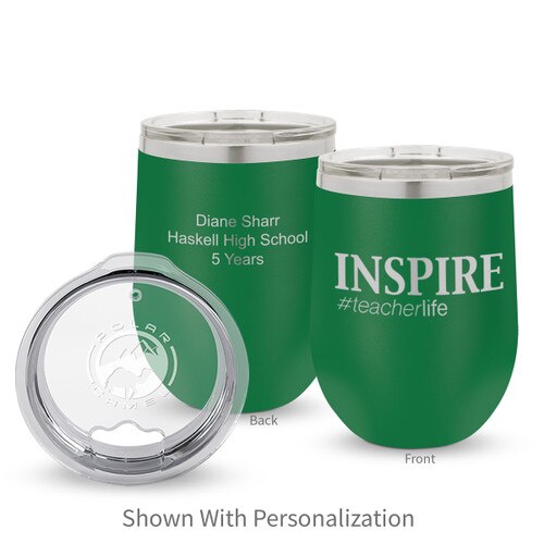 green 12 oz. stainless steel tumblers with inspire #teacherlife message and personalization