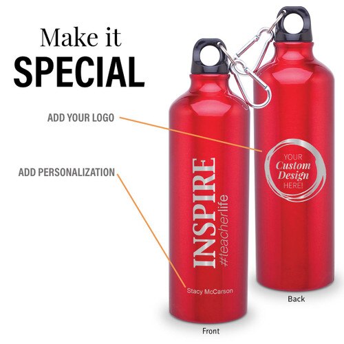 inspire #teacherlife red 24 oz carabiner canteen with add your logo and personalization