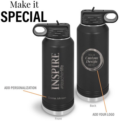 black inspire #teacherlife 32 oz stainless steel water bottle with add your logo and personalization