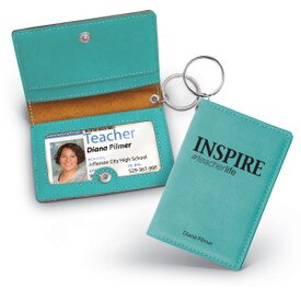 teal leather id holder with inspire message