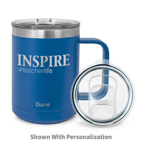 blue insulated coffee mugs with inspire #teacherlife message and personalization