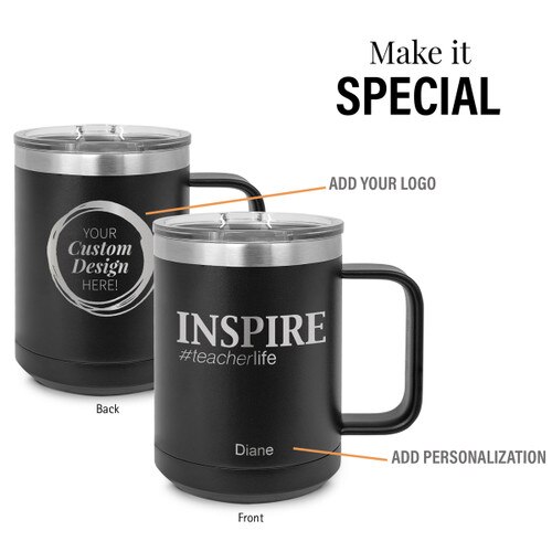 black stainless steel mug with inspire #teacherlife message and add your logo
