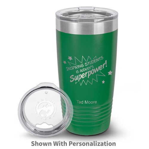 green stainless steel tumblers with inspiring students message and personalization