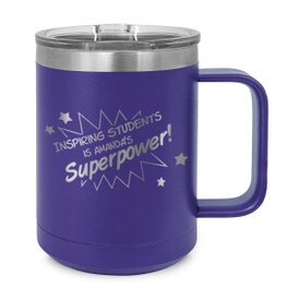 purple stainless steel mug with inspiring students message and personalization