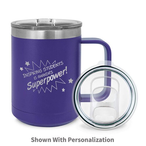 purple stainless steel mug with inspiring students message and personalizaton