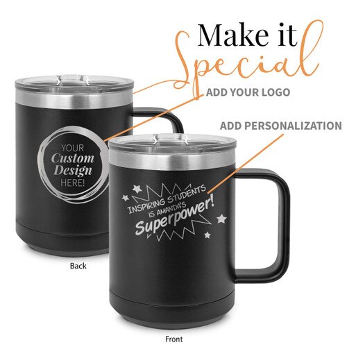 black stainless steel mug with inspiring students message and add your logo
