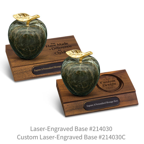 laser engraved walnut bases with black brass plates and green marble apples