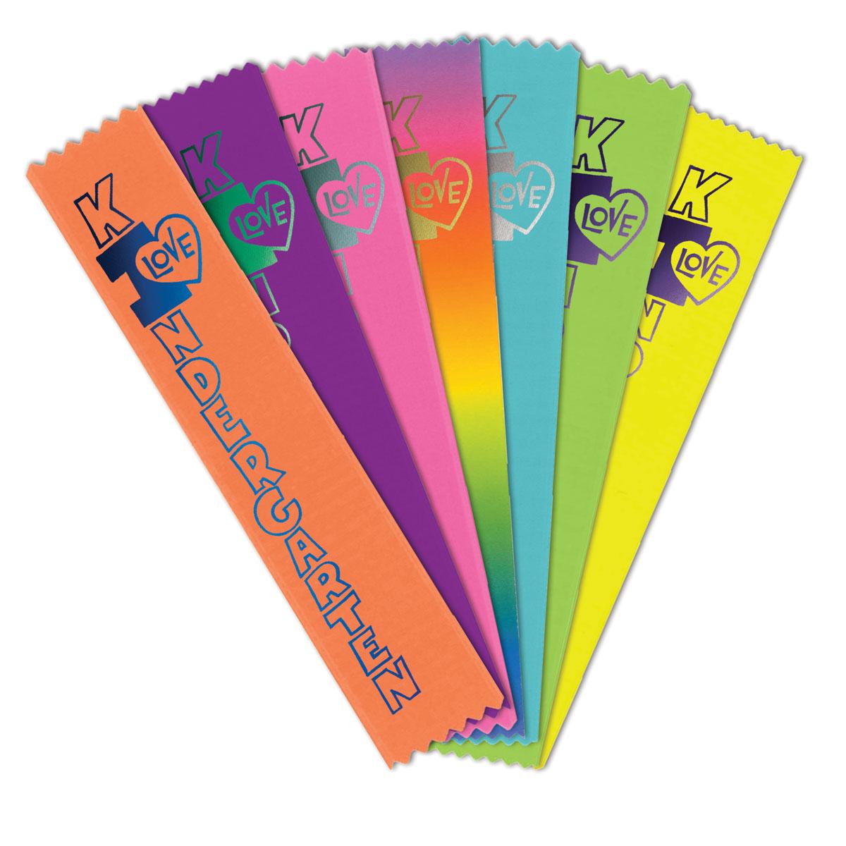 colorful satin ribbons with foil-stamped i love kindergarten message