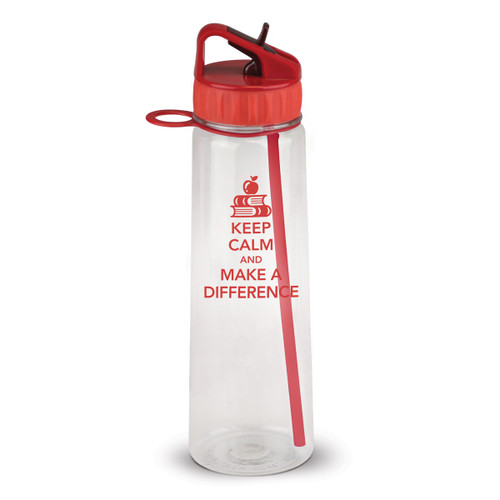 water bottle with keep calm message and red lid with fold down spout